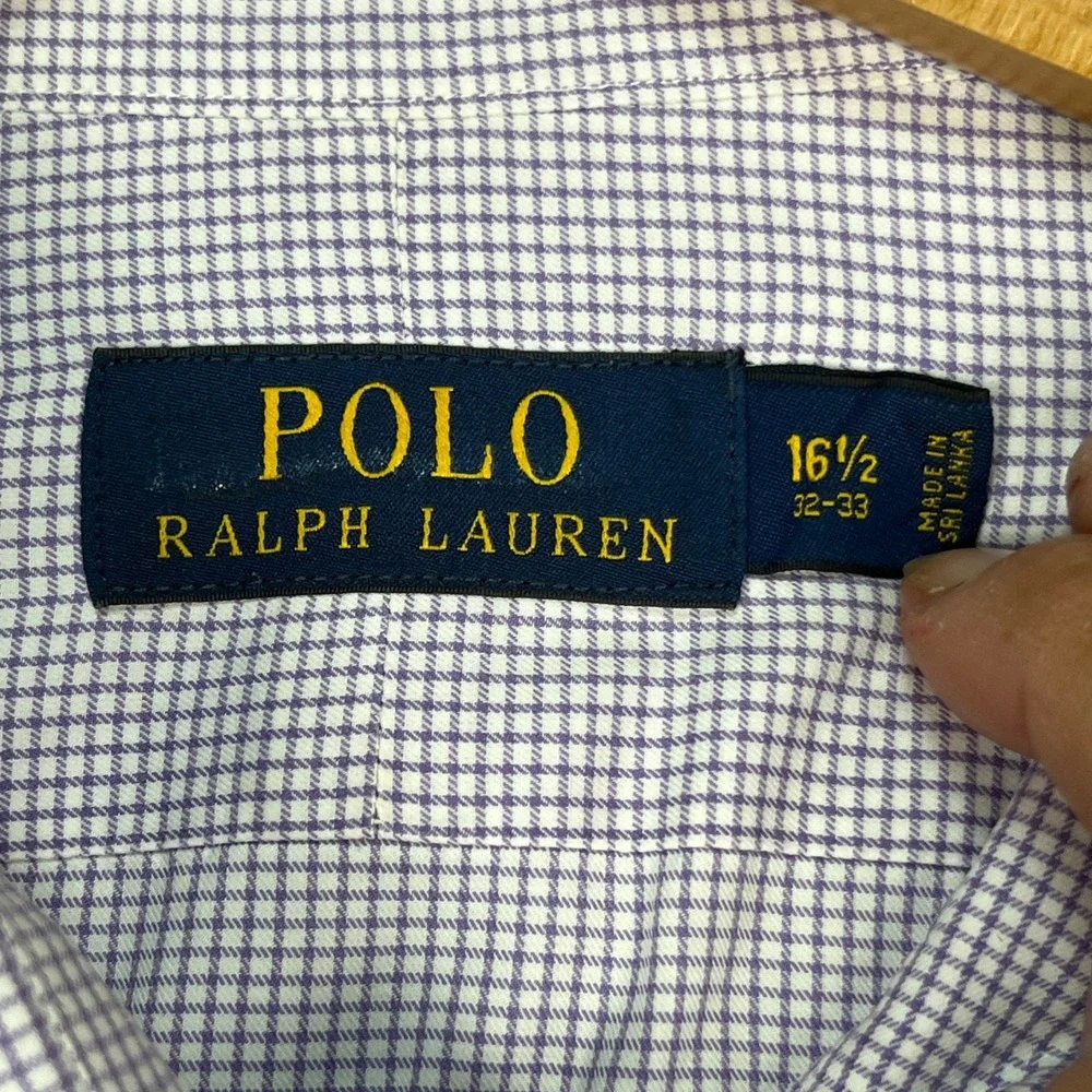 Polo Ralph Lauren Button Down Shirt Mens 16.5 32-33 Purple White Grid Check PONY